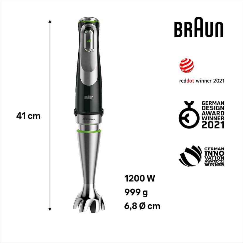 Braun MultiQuick 9 MQ Hand Blender - with Active PowerDrive and SplashControl, incl. Masher, Vegetable Masher, Blender, Chopper & Whisk, 1200 Watt, Black/Stainless Steel - 6
