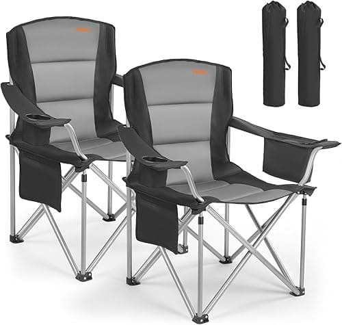 VEVOR 2 Pack Oversized Folding Camping Chairs, Padded Quad-Lumbar Backrest with Side Pockets, Cup Holder and Cooler Bag for Beach, Lawn, Picnic, Patio