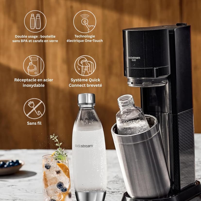 Sodastream Duo Sparkling Water and Soda Machine for Glass Jug | Pack of 1 Glass Jug 1L + 1 Bottle 1L Stainless Steel Finish Dishwasher + 1 60L Gas Refill Clip | Black - 5