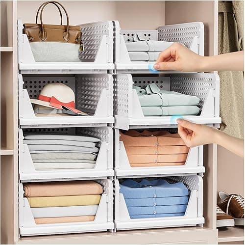caktraie Foldable Closet Organizer - 8 Pack Stackable Storage Boxes, Plastic Storage Basket, Foldable Closet Storage for Wardrobe Cupboard Kitchen Bathroom, White