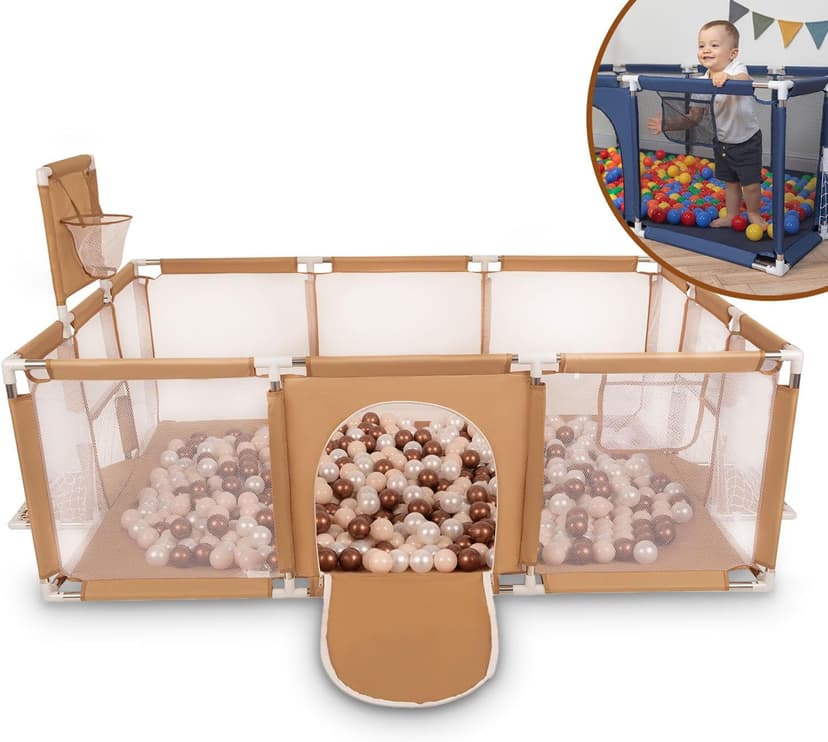 Selonis Baby Playpen Big Size Playground with 100 Balls for Kids, Beige:Pastel Beige/Pastel Blue/Salmon Pink - 1