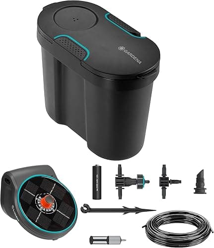 Gardena solar-powered AquaBloom irrigation set with water tank: Solar-powered irrigation set for up to 20 potted plants, control unit with 14 irrigation programmes (13301-20)
