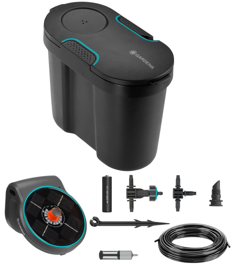 Gardena solar-powered AquaBloom irrigation set with water tank: Solar-powered irrigation set for up to 20 potted plants, control unit with 14 irrigation programmes (13301-20) - 1