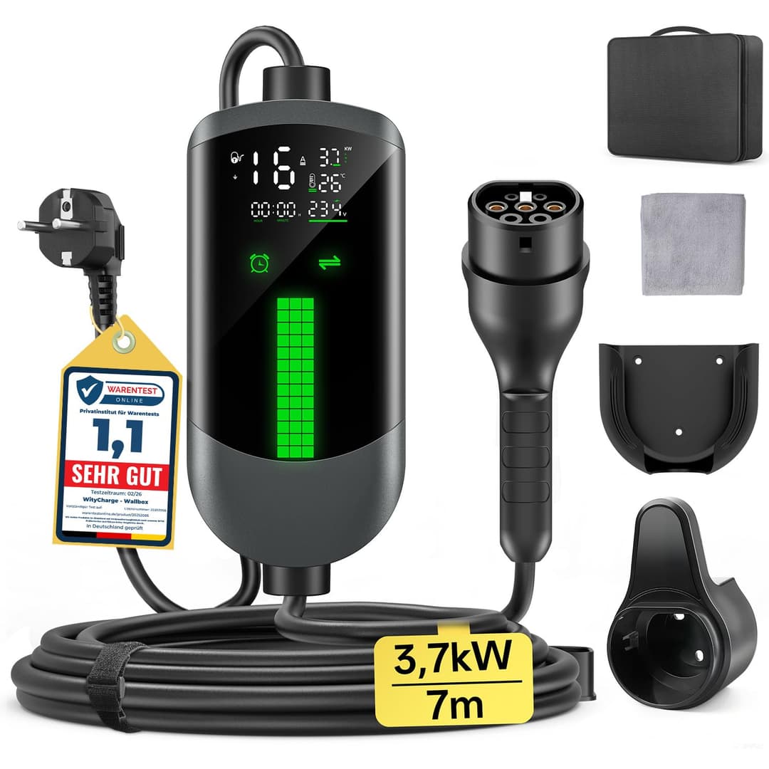 WityCharge Chargeur Voiture Electrique 3,7kW - 7M/6-16A Cable Recharge Voiture Electrique avec Support Mural Sac, Chargeur Retardé, Numérique LCD, IP65, Compatible avec EVs(IEC 62196-2) & PHEVS