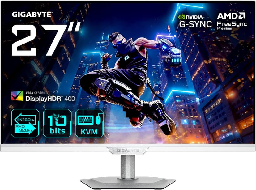 Gigabyte M27UP ICE 27” 4K UHD Gaming Monitor - Dual Mode (4K 160Hz or FHD 320Hz), 3840 x 2160, 1ms, 350 cd/m², FreeSync Premium, DisplayHDR400, HDMI 2.1, Displayport 1.4 - 1
