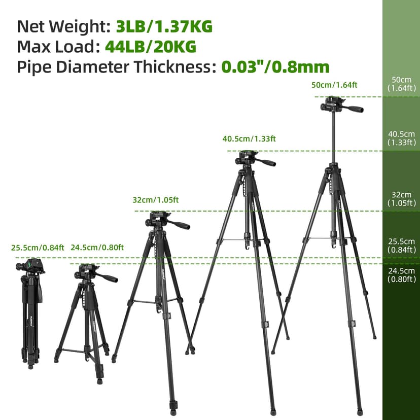 Huepar Lightweight 172cm Adjustable Laser Level Tripod with 3-Way Swivel Pan Head, Portable Handle, Bubble Level, Quick Release Plate with 1/4" Screw Mount & 5/8" UNF Adapter Nut - Camera Tripod T16A - 2