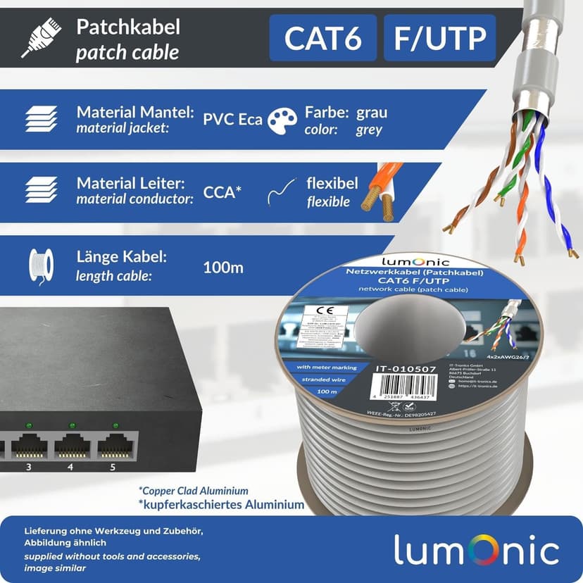 Lumonic 100 m Network Cable CAT 6 F/UTP I Cat6 Cable, Gigabit LAN Cable, Ethernet Cable I Flexible Patch Cable Shielded, for Indoor Use up to 250 - 2