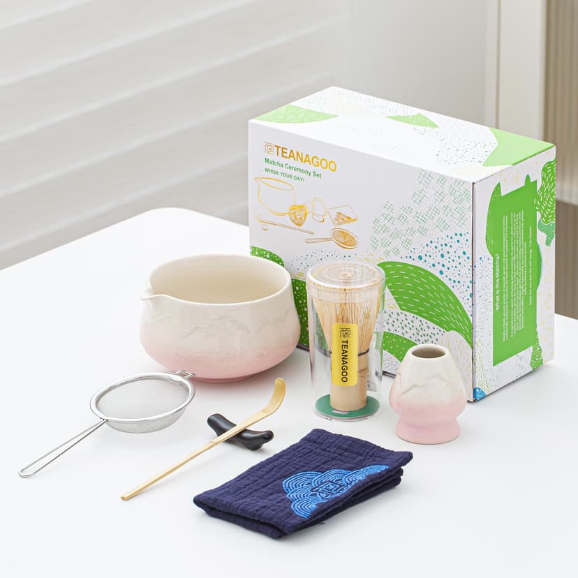 TEANAGOO 7 Pcs Matcha Set, Pink Matcha Kit, Ceremony Matcha Powder Kit,Matcha Tea Set for Making Latte,Matcha Whisk and Bowl with Scoop&Sifter,Fuji Design Ceramic Bowl,Gift for Matcha Lovers - 7