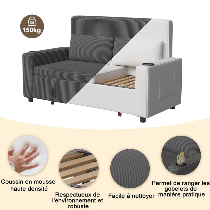 Devoko 2-Sitzer Schlafsofa 160 cm breit, Modernes Sofa mit Schlaffunktion, Ausziehbare Schlafcouch mit Verstellbarer Rückenlehne, Platzsparendes Klappsofa für Wohnzimmer, Grau - 4