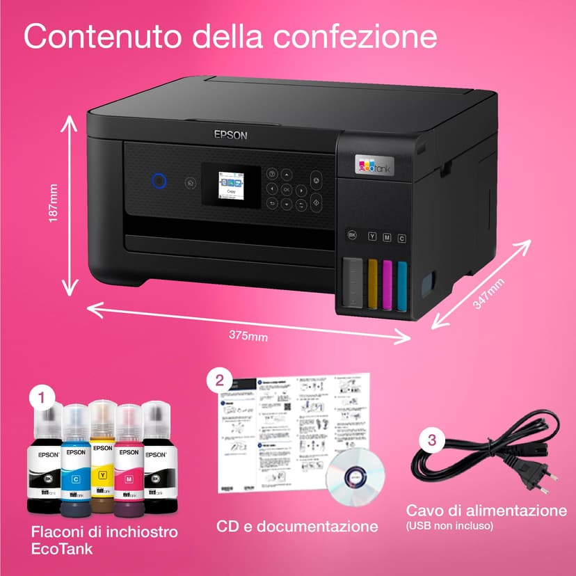 Epson EcoTank ET-2851 A4 Multifunction Printer, High Capacity Refillable Tanks, 5 Bottles Included Equal to 14000pag B/N 5200pag, Color, LCD Display - 3