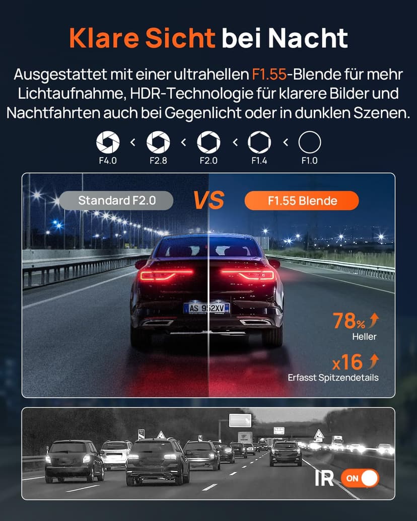 70mai A800SE Dash Cam Car Front Rear 4K UHD+1080P with GPS WiFi, Dual Car Camera with 128GB SD Card, F1.55 Aperture HDR, Night Vision, ADAS, 3 "IPS, 24/7 Parking Monitoring, Supports 512 GB Max - 3