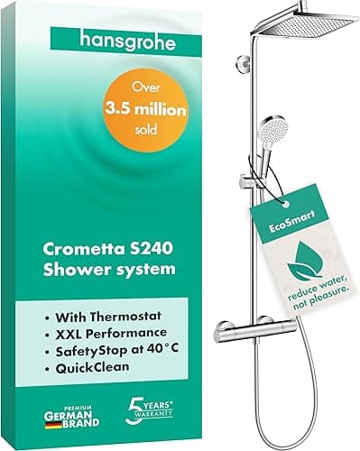 hansgrohe Crometta E - Colonne de douche économie d'eau (EcoSmart) avec mitigeur thermostatique, douche pluie (240 x 240mm), douchette, support, flexible, barre et douche de tête, Chromé, 27281000