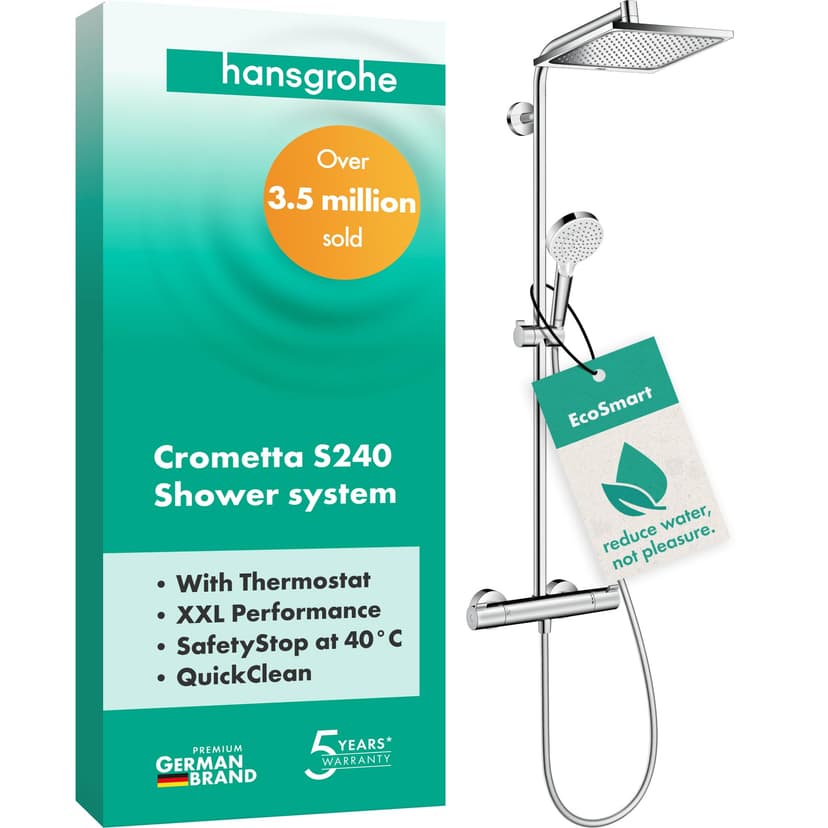 hansgrohe Crometta E - Colonne de douche économie d'eau (EcoSmart) avec mitigeur thermostatique, douche pluie (240 x 240mm), douchette, support, flexible, barre et douche de tête, Chromé, 27281000 - 1