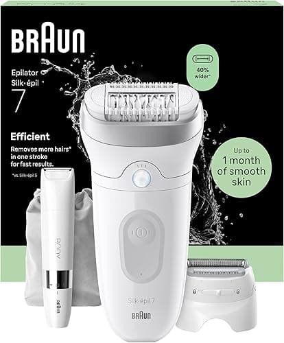 Braun Silk·épil 7, Epilator with Wide Head for Easy Hair Removal, Wet & Dry, Lasting Smooth Skin, Includes Shaver Head, Trimmer Comb and Mini Body Trimmer, 7-441, Silver