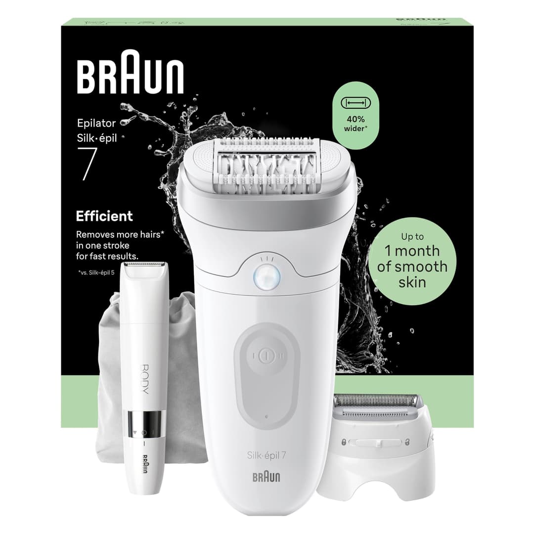 Braun Silk·épil 7, Epilator with Wide Head for Easy Hair Removal, Wet & Dry, Lasting Smooth Skin, Includes Shaver Head, Trimmer Comb and Mini Body Trimmer, 7-441, Silver