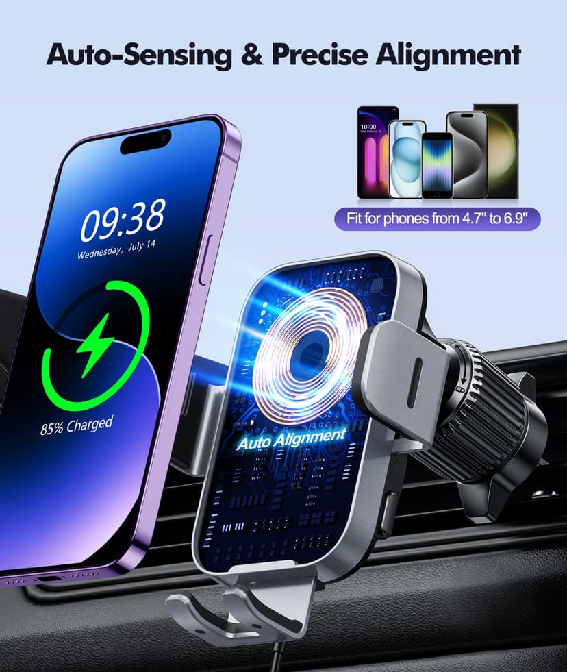 ISEYOU Car Phone Holder Wireless Charger, 15W Fast Charging Auto Clamping Wireless Car Charge, 360° Rotation Air Vent Mount With Electric Sensor Compatible For iPhone 16 15 14 Pro Max, Samsung Galaxy - 6