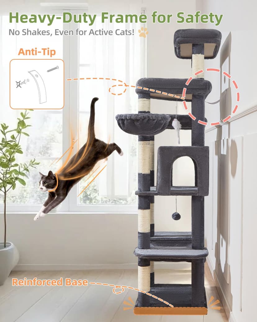 Taoqimiao Cat Tree, 180cm Large Cat Tree for Big Cats Cat Towers for Indoor Cats with 9 Scratching Posts, Spacious Platform, Cozy Hammock, Top Perch, Widened Cat Condo, Smoke Grey MS034G - 7