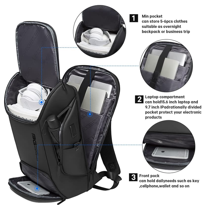 BANGE Sac à dos judicieux pour ordinateur portable de 15,6", sac professionnel pour homme et femme, noir, Large - 2