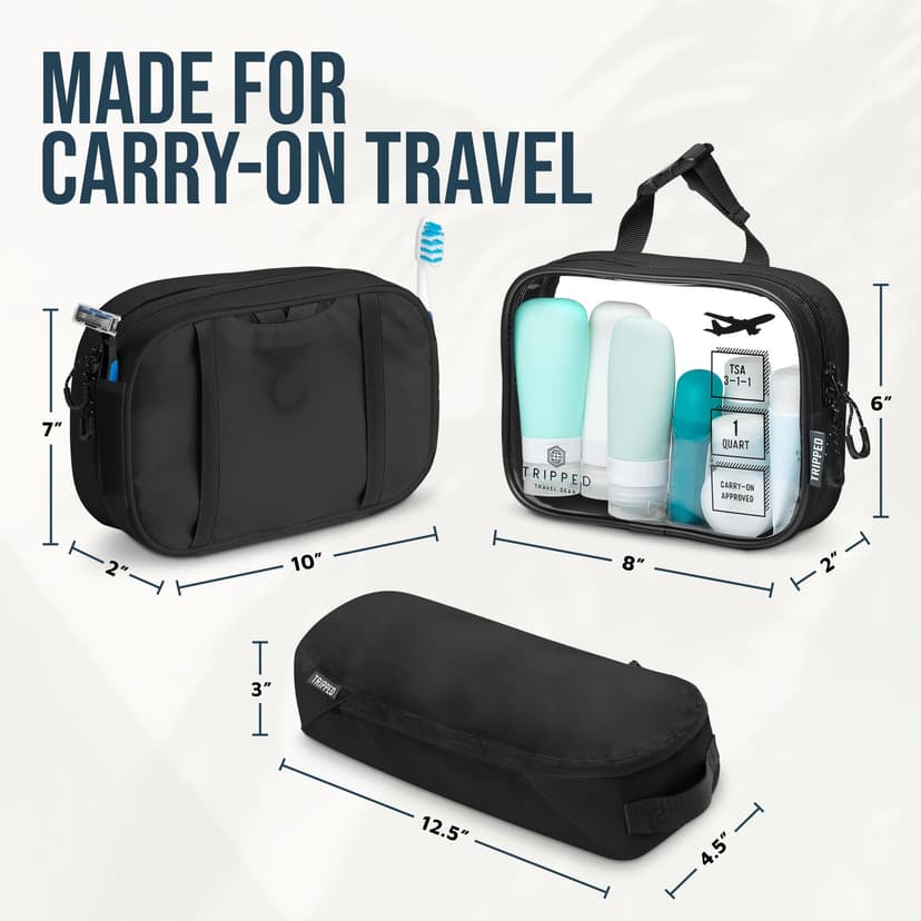 Toiletry Bag Kit Set: Hanging Travel Toiletry Bag + 311 TSA Cosmetic Liquid Bag + Ultralight Accessory Organizer Pouch, Black Ripstop, 3 Piece Toiletry Set - 6