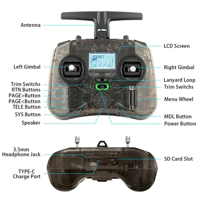 Radiomaster Pocket Hall Gimbal Transmitter, ELRS Remote Control Portable Lightweight Built in LED Light Foldable Antenna Mode 2(Charcoal) - 7