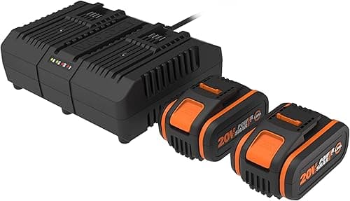 WORX Pack of 2 Batteries and Dual Charger 20V 4Ah WA3611, High Performance Batteries with Charge Level Indicator, Fast Charging, Compatible with All WORX PoweShare Tools