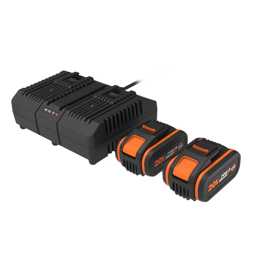WORX Pack of 2 Batteries and Dual Charger 20V 4Ah WA3611, High Performance Batteries with Charge Level Indicator, Fast Charging, Compatible with All WORX PoweShare Tools - 1