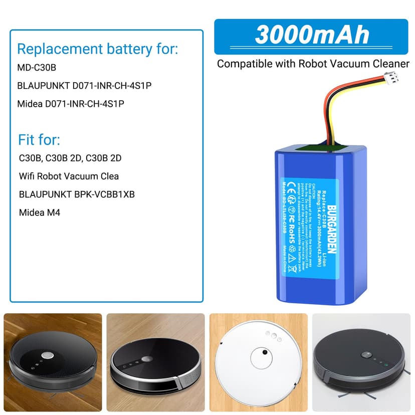 BURGARDEN 14,4V 3000mAh Batterie pour Liectroux C30B, C30B 2D, C30B 2D WiFi Robot Aspirateur, Blaupunkt BPK-VCBB1XB, pour Midea M4, Remplace pour MD-C30B, Blaupunkt D071-INR-CH-4S1P - 3