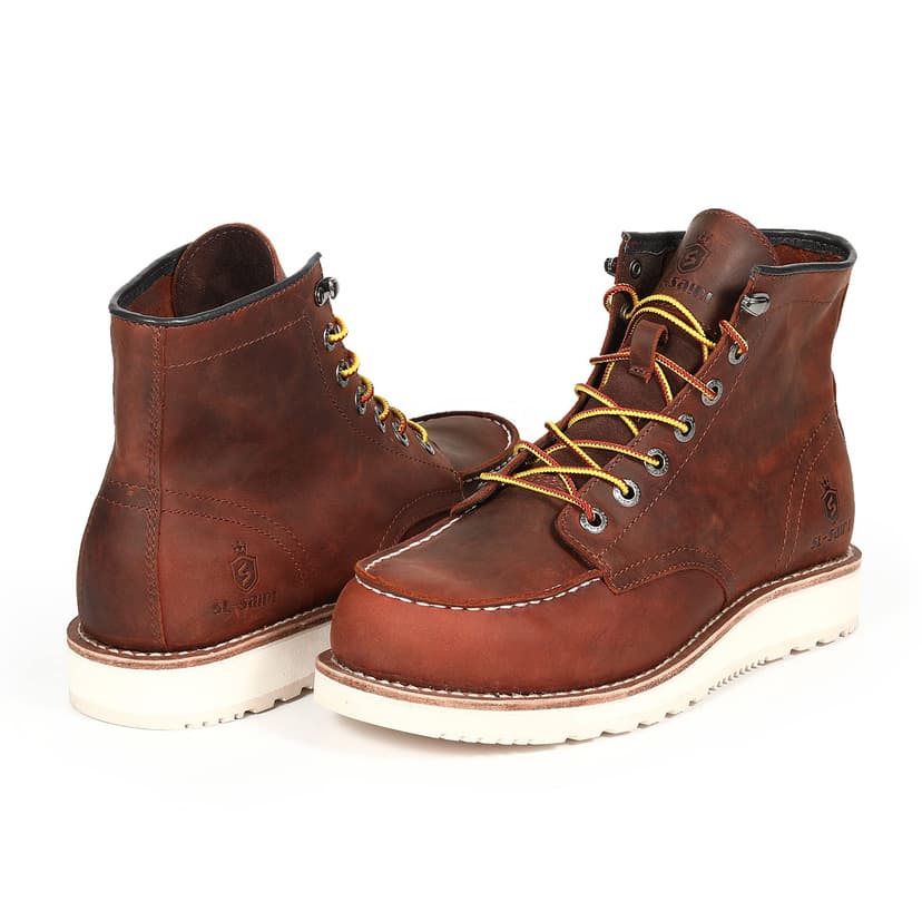 SL-Saint Men’s Work Boots Soft Moc Toe Classic Ankle Fashion Casual 6'' Wedge Industrial Construction Shoes Brown/Black (Wedge Sole, Brown, Adult, Men, 8.5, Numeric, UK Footwear Size System, Wide) - 5