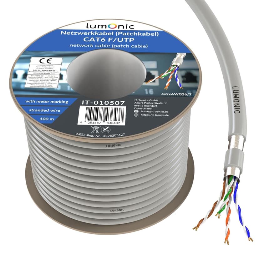 Lumonic 100 m Network Cable CAT 6 F/UTP I Cat6 Cable, Gigabit LAN Cable, Ethernet Cable I Flexible Patch Cable Shielded, for Indoor Use up to 250 - 1