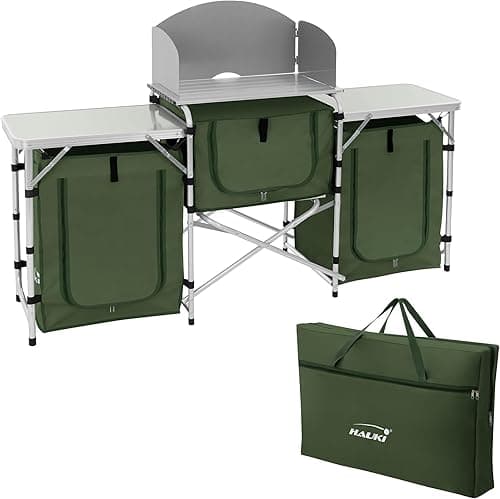 Hauki Camping Kitchen, Black, Folding Camping Cabinet with Carry Bag, Travel Kitchen with Wind Protection, Kitchen Cabinet with Worktop, Storage Compartments, Aluminium Outdoor Kitchen, Kitchen Box