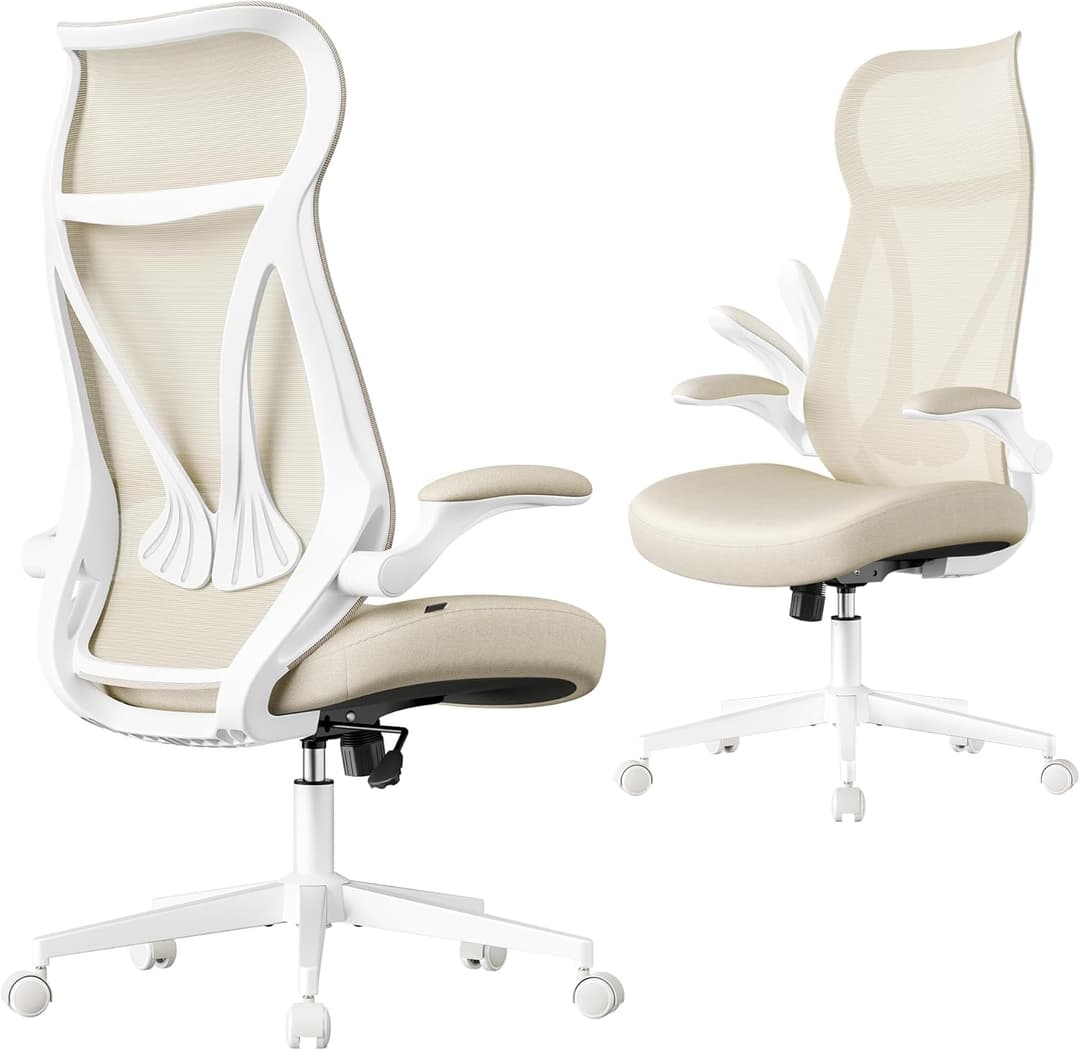 SONGMICS Office Chair, Swivel Mesh Chair, Ergonomic Backrest, Height Adjustable, Flip-Up Armrests, Headrest, Supports up to 150 kg, Cappuccino Beige OBN088K01