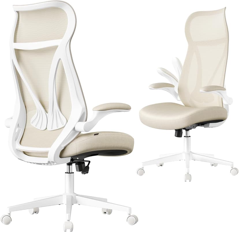 SONGMICS Office Chair, Swivel Mesh Chair, Ergonomic Backrest, Height Adjustable, Flip-Up Armrests, Headrest, Supports up to 150 kg, Cappuccino Beige OBN088K01 - 1