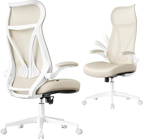 SONGMICS Office Chair, Swivel Mesh Chair, Ergonomic Backrest, Height Adjustable, Flip-Up Armrests, Headrest, Supports up to 150 kg, Cappuccino Beige OBN088K01
