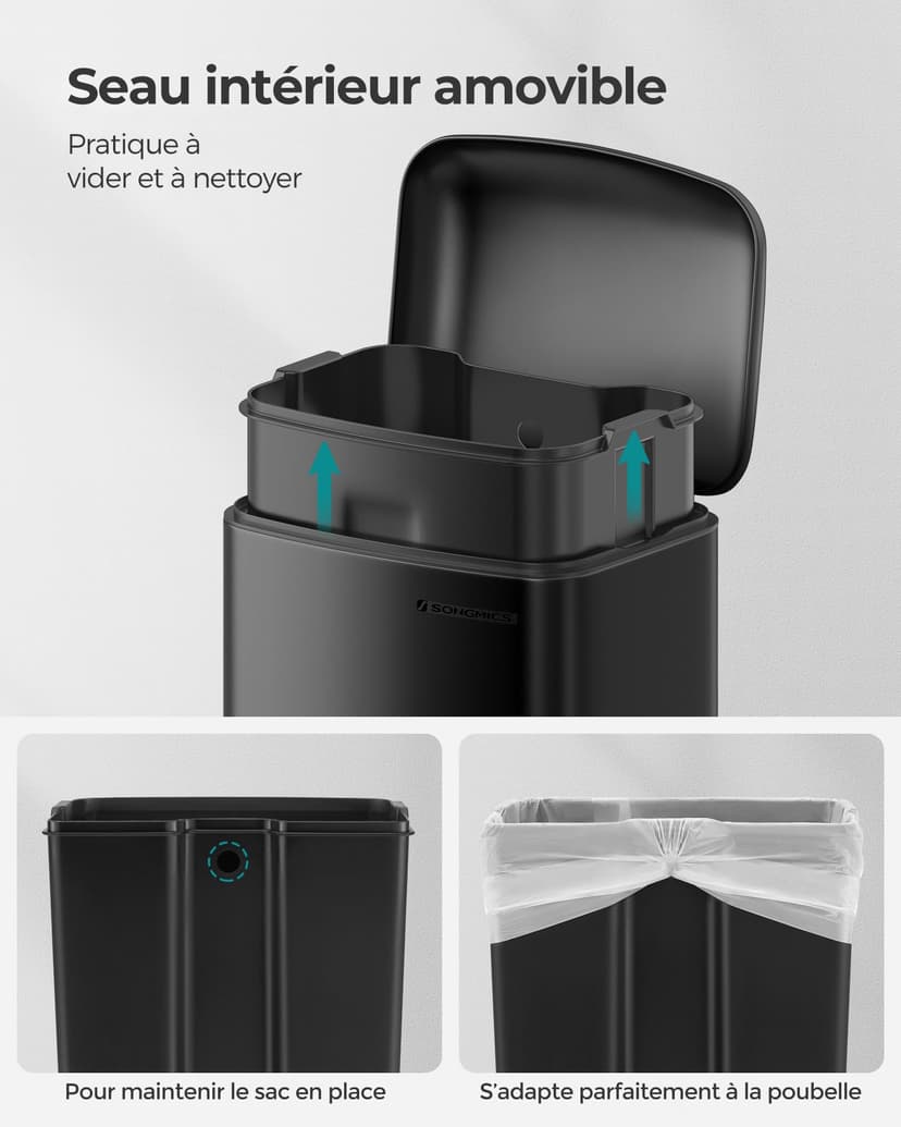 SONGMICS Poubelle 30L, avec Pédale en Acier, Seau Intérieur et Couvercle, Poignée, Fermeture en Douceur, Hermétique, pour Cuisine, Salon, Noir LTB01BK - 5