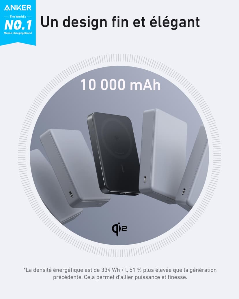 Anker MagGo Batterie Externe Magsafe Certifiée Qi2 15W Magnétique Ultra-Fine 10000 mAh, Chargeur Compatible MagSafe Ultra Rapide, Design Ergonomique, Uniquement pour iPhone 17 Pro Max 16/15/14 - 2
