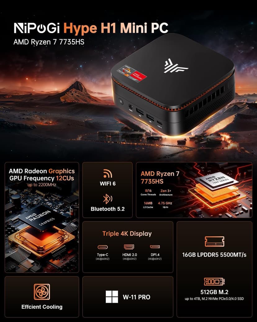 NiPoGi Hype H1 Mini PC ΑМD 7735HS (Max 4.75GHz, 8C/16T) 16GB LPDDR5 5500MHz/512GB M.2 2280 NVMe PCle3.0x4, DP1.4+HDMI 2.0+Type-C 4K Triple Display/ WiFi6/BT5.2 Desktop PC W-11 - 2