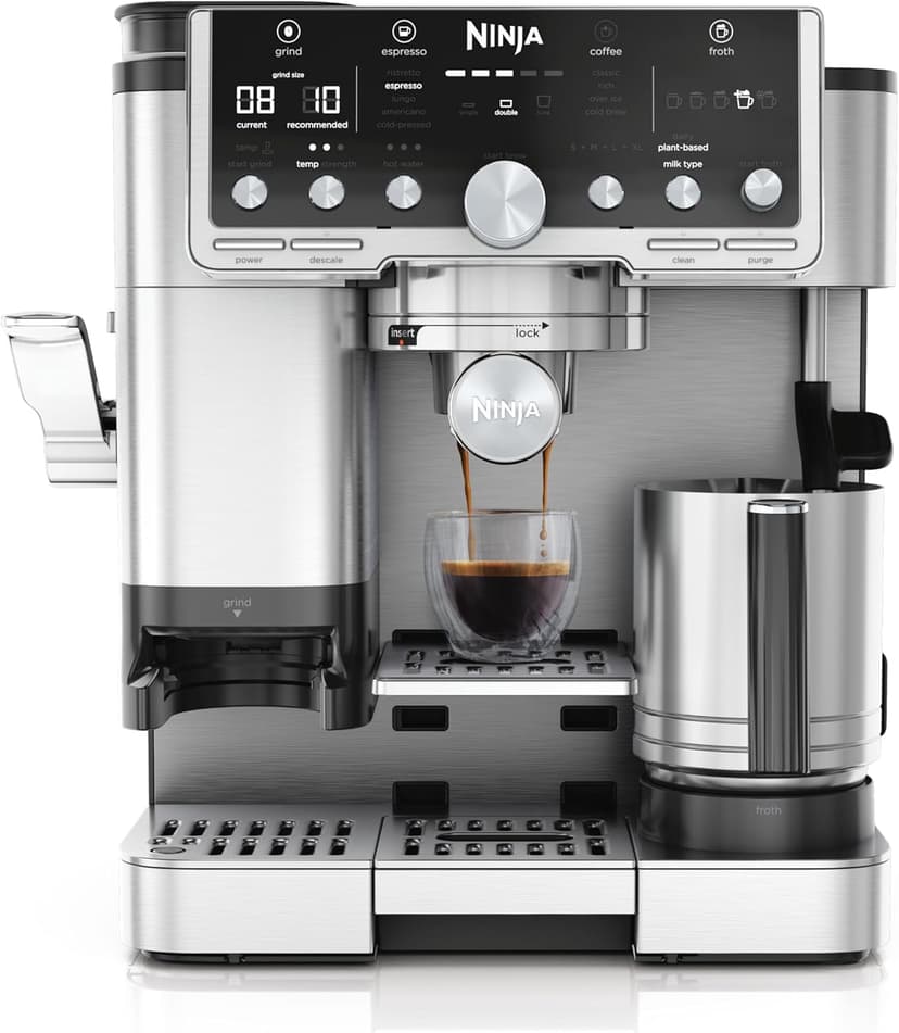 Ninja Machine à café Luxe Pro 3-en-1, Latte, Cappuccino, Infusion à froid et Espresso avec broyeur à grains et mousseur à lait intégrés, facile à utiliser, 5 préréglages mousse, argent, ES701EU - 1