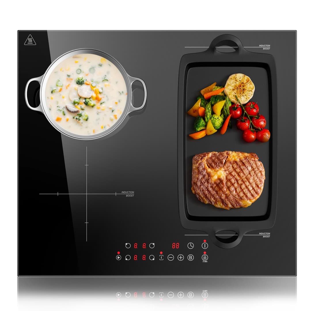 KICHPOWER Induction Hob 4 Zone with 1 Flexible Zone, Built-in Induction Hob 60 cm with Boost Function, Touch Control, 6000W, 9 Power Levels, 1-99 Min timer, Child Lock