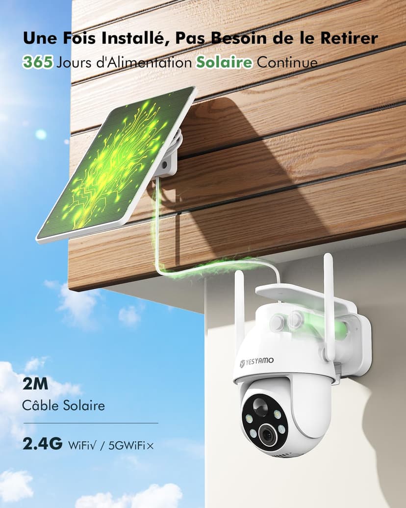 YESYAMO 2K Wireless Solar WiFi Surveillance Camera, 2.4GHz Solar Outdoor Camera with Solar Panel, 360° PTZ, Night Vision, Two-Way Audio, PIR Siren (White) - 3