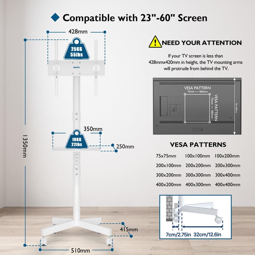 BONTEC Mobile TV Stand on Wheels, Free Standing TV Stand for 23-60 Inch LED LCD Plasma TVs, Rolling Floor TV Cart with Height Adjustable Laptop Shelf, Max VESA 400x400mm, Holds up to 25kg, white - 3