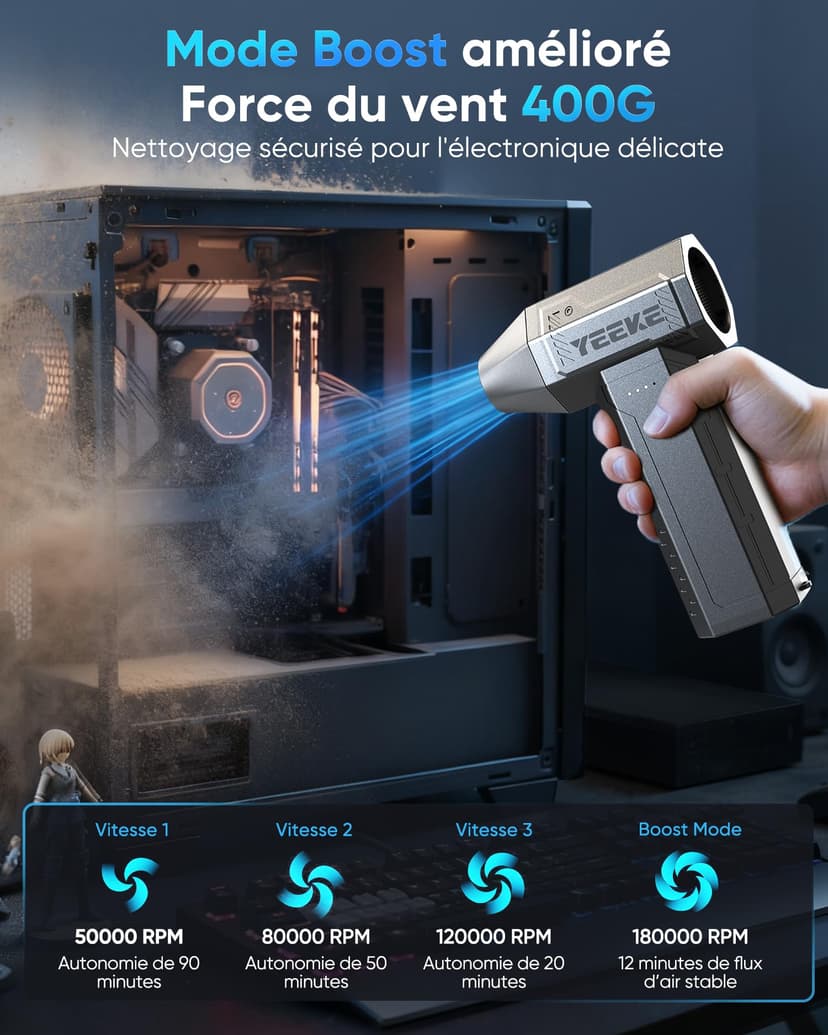 Yeeke Souffleur Air Comprimé, Souffleur PC 180000 RPM, Mini Souffleur Puissant 10000 mAh avec Charge Rapide | Moteur Sans Balais | LED Fonctionnelle, Idéal pour Nettoyage PC Gamer | Clavier | Voiture - 4