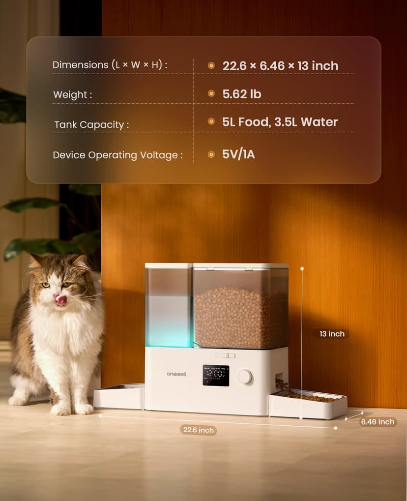 oneisall Automatic Cat Feeder and Water Dispenser,36Cups/8.5L 2-in-1 Clean Food Fresh Water Large Capacity 5L Timed Cat Food Dispenser&3.5L Gravity Water Fountain for Pets,Small Dogs,Puppies,Kittens - 8