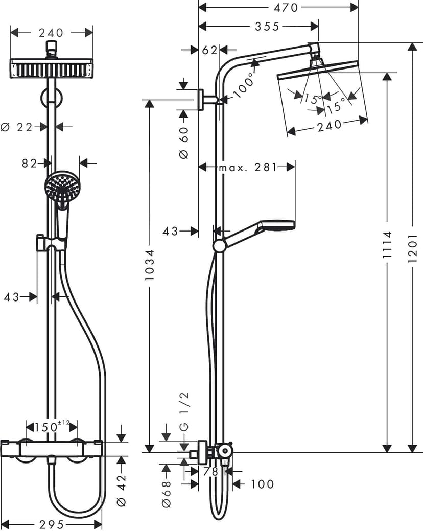 hansgrohe Crometta E - Colonne de douche économie d'eau (EcoSmart) avec mitigeur thermostatique, douche pluie (240 x 240mm), douchette, support, flexible, barre et douche de tête, Chromé, 27281000 - 9