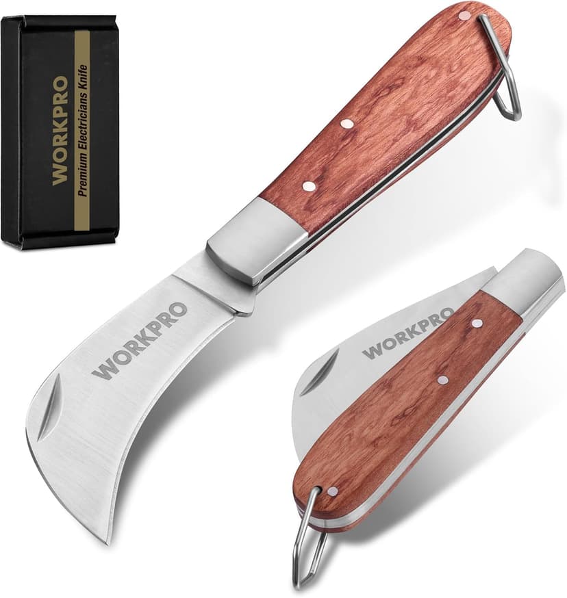 WORKPRO Couteau d'Électricien, Couteau Pliant à Lame Inox Courbée 7,5cm, Couteau Utilitaire à Poignée Ergonomique en Bois, Léger et Compact, Idéal pour Dénudage de Câbles, DIY, Greffage et Bricolage - 1