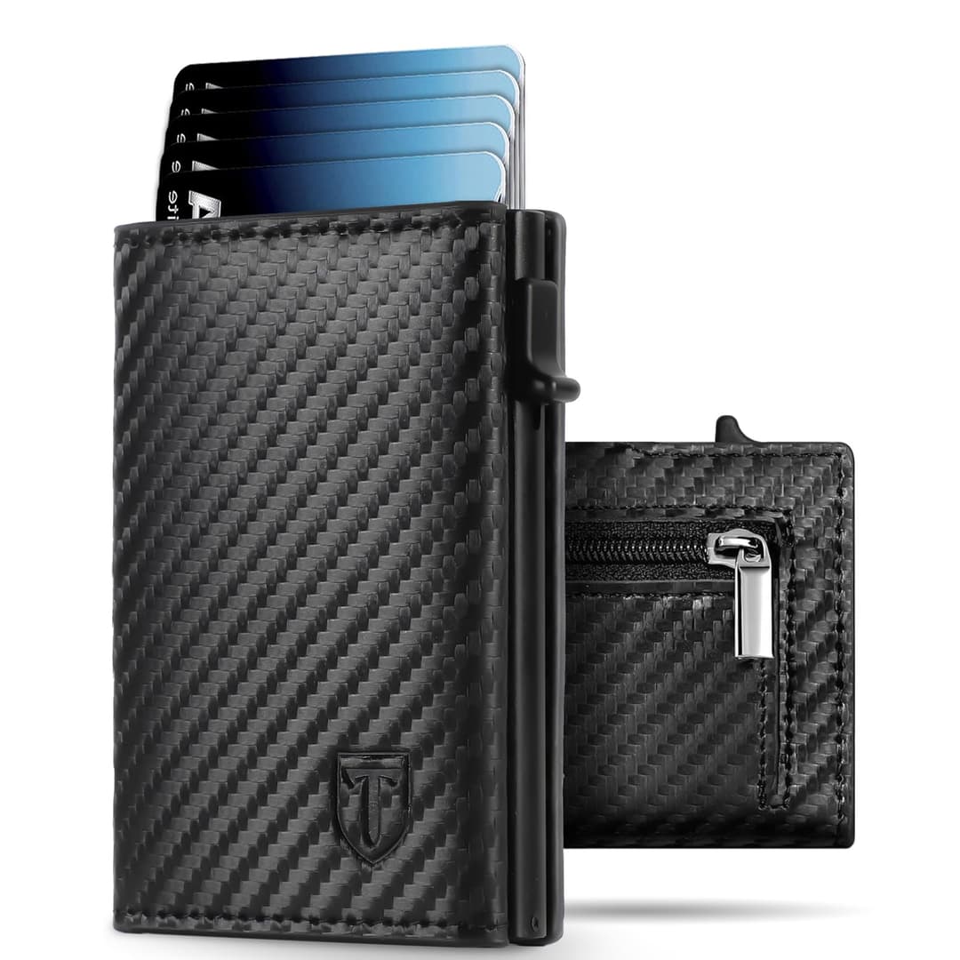 TENBST Men's Slim Wallet with Coin Compartment, Card Case with RFID Protection, Wallet for Men, Credit Card Holder Small with Gift Box, carbon black, 1, Minimalist