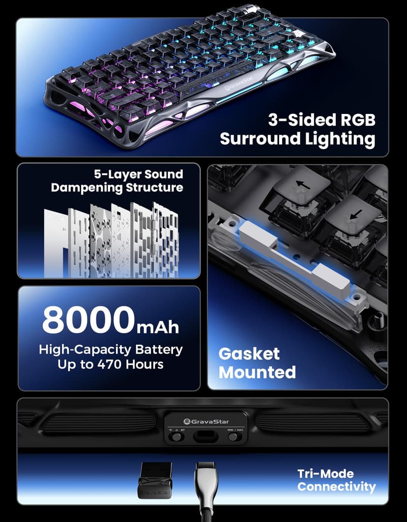 GravaStar Mercury K1 75% Wireless Mechanical Keyboard, Aluminum Alloy Gaming Keyboard with Knob, Hot Swappable, Linear Switches, Transparent Keycaps, RGB Backlit, 2.4GHz/BT5.0/USB-Black Mist - 9