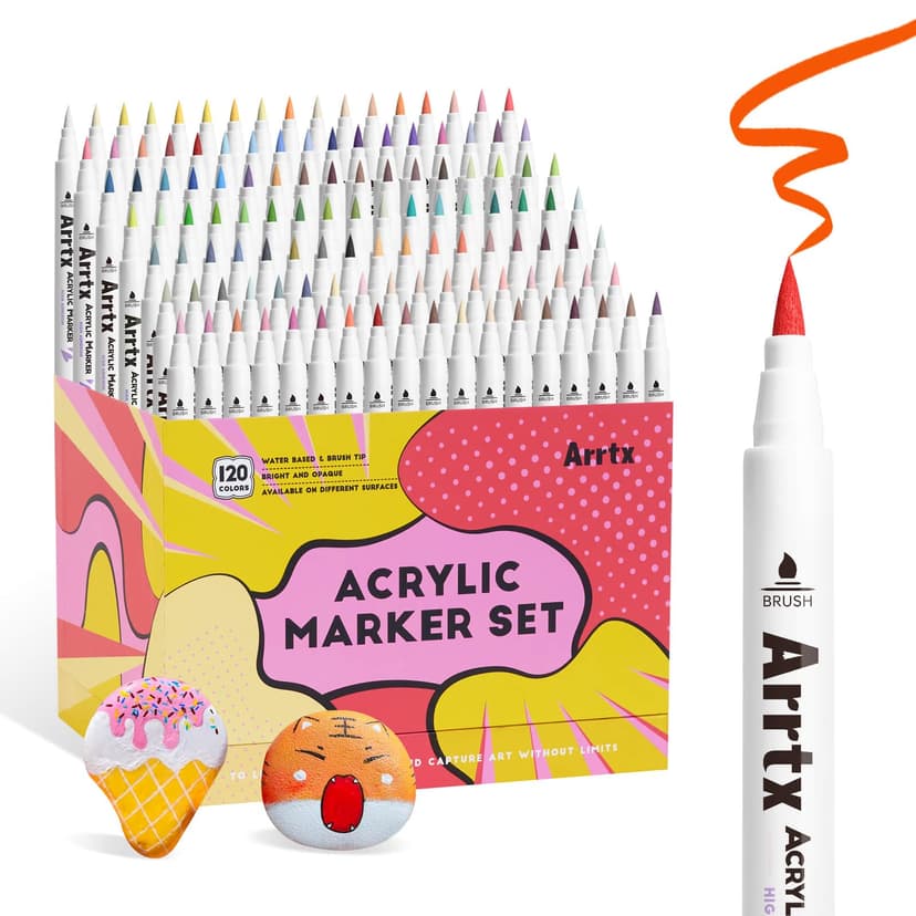 Arrtx 120 Colors Acrylic Paint Pens, Paint Markers Paint Pens for Artists Adults Coloring Drawing Cartoon Anime Comic - Brush Tip for Rock Painting, Wood, Canvas, DIY Crafts Making Art Supplies - 1