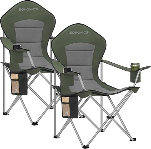 SONGMICS Set of 2 Camping Chairs, Folding Outdoor Chairs with Wide Seat and High Back, Portable Garden Picnic Chairs with Cup Holder, Phone Holder and Side Pocket, Green and Grey GCB005CD01-2J