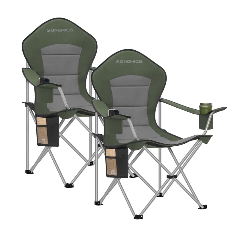 SONGMICS Set of 2 Camping Chairs, Folding Outdoor Chairs with Wide Seat and High Back, Portable Garden Picnic Chairs with Cup Holder, Phone Holder and Side Pocket, Green and Grey GCB005CD01-2J - 1