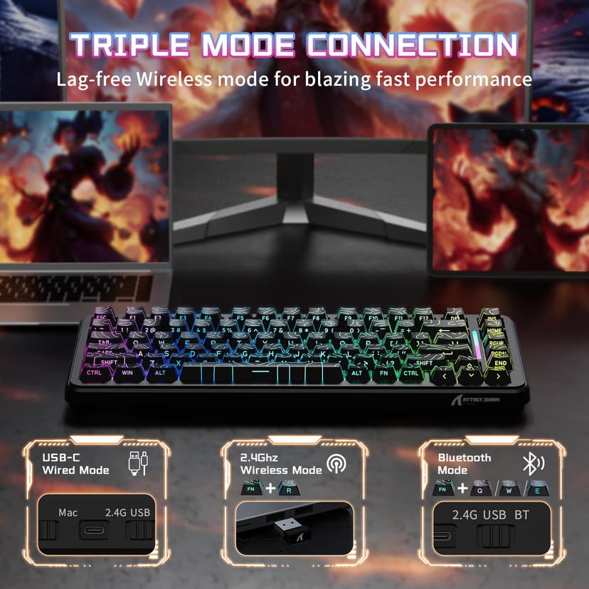 ATTACK SHARK X82PRO HE 75% Wireless Rapid Trigger Gaming Keyboard, Hall Effect Magnetic Switch Keyboard with 0.01mm RT Adjustable Actuation, 8Khz Polling Rate, Hot-Swap, RGB, for PC Gamer (Black) - 6